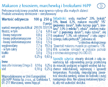 Etykieta HiPP Makaron z łososiem, marchewką i brokułami, tabelka wartości odżywczych, lista składników.