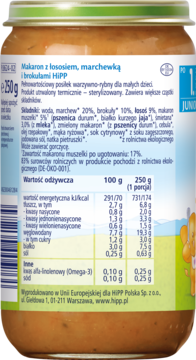 Tył słoiczka HiPP Makaron z łososiem, marchewką i brokułami (250g), z etykietą i tabelą wartości odżywczych.