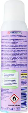 Tył antyperspirantu ISANA Invisible 150ml, biała butelka z fioletową etykietą, widoczne składniki i ostrzeżenia.