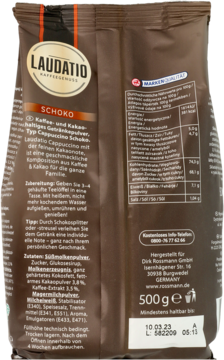 Brązowa torebka Laudatio Cappuccino Schoko 500g, tył z czytelnym składem i tabelą odżywczą.