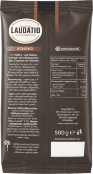 Tył ciemnego opakowania Laudatio Schoko Cappuccino 500g, widoczna tabela odżywcza i składniki.