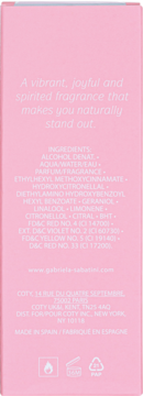 Tył różowego opakowania wody toaletowej Gabriela Sabatini Miss Gabriela ze składem i danymi producenta.