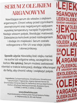 Tył białego kartonika serum Bioelixire z olejkiem arganowym, widoczne benefity, składniki i filtr UV.
