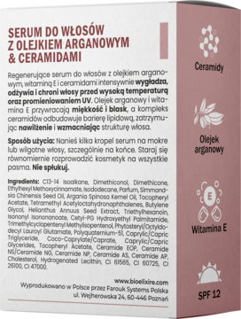 Tył różowego opakowania serum Bioelixire z arganem i ceramidami, opis, skład, ikony składników i SPF.