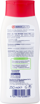 Tył białej butelki Isana Med żel pod prysznic 250ml z 5% mocznika, czerwoną nakrętką i info o recyklingu.