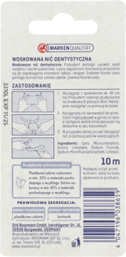 Tył opakowania woskowanej nici dentystycznej Prokudent, 10m, z instrukcją użycia, składem i datą EXP 11/25.