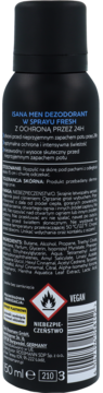 Tył czarnego dezodorantu Isana Men Fresh w sprayu 150ml, widoczne białe napisy, lista składników, symbole VEGAN i ostrzeżenia o ochronie 24H.