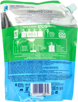 Tył saszetki Carex Original Eco Refill, antybakteryjne mydło do rąk 1L, zielono-niebieskie, instrukcje.