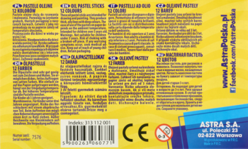 ASTRA ,pastele olejne, 12 kolorów, 3+, zestaw,tył