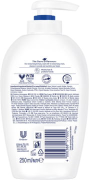 Tył butelki Dove Caring Hand Wash 250ml z listą składników, logo PETA Approved Vegan i recyklingiem.