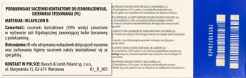 Karta produktu soczewek kontaktowych Bausch & Lomb: opis 30 szt. (59% wody) i składników. Z prawej, niebieska grafika informacyjna.