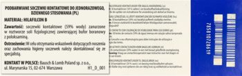 Opakowanie soczewek kontaktowych Hilafilcon B -1,25 (59% wody), z tekstem o składzie i niebieskimi kodami na boku.