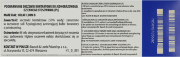 Etykieta informacyjna o soczewkach kontaktowych Bausch & Lomb. Szara część z tekstem PL/EN, obok niebieska z paskami.
