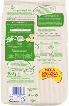 Tył opakowania kaszki BoboVita bananowej 400g. Zielono-biała saszetka z instrukcjami i grafikami, żółta etykieta 'MEGA PACZKA'.