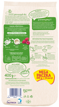 Tył opakowania BoboVita kaszki mleczno-ryżowej malinowej 400g "MEGA PACZKA", z instrukcjami i logo Nutricia.