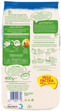 Tył zielono-białego opakowania BoboVita kaszka mleczno-ryżowa 3 owoce 400g, z instrukcją i napisem 'MEGA PACZKA'.