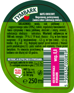 Tymbark napój owocowy, zielona tylna etykieta 250ml: składniki, wartości odżywcze, kod kreskowy.