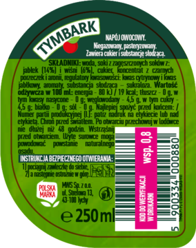 Tymbark napój jabłkowo-wiśniowy 250 ml, widok tyłu zielonej etykiety ze składem i wartościami odżywczymi.