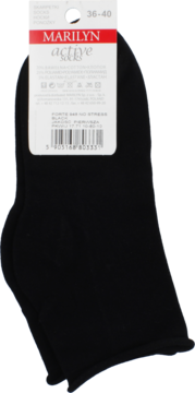 Czarne, nieuciskające skarpetki Marilyn Active Socks z metką, widoczne z przodu na oryginalnym opakowaniu.