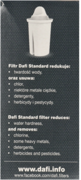 Biały filtr Dafi Standard do wody, widok z przodu, z tekstem o redukcji twardości wody i chloru.