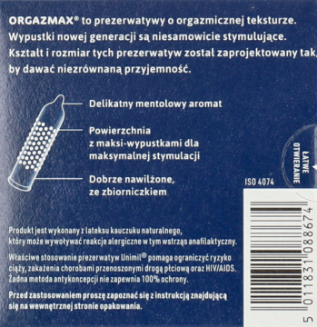 Tył granatowego opakowania prezerwatyw Unimil Orgazmax, z opisem maxi-wypustek, mentolu, nawilżenia i kodem kreskowym.