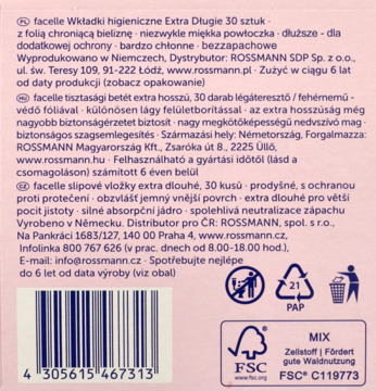 Tył opakowania facelle Wkładki higieniczne Extra Długie, różowe. Widoczne: barcode, ikony recyklingu i teksty.