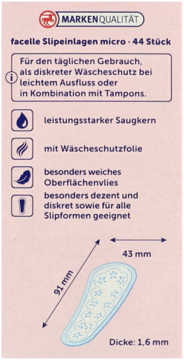 Panty liner Facelle micro, 91x43 mm, 1.6 mm thick, with light blue floral pattern on white label.