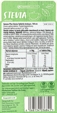 Zielone opakowanie słodzika Genuss Plus Stevia tabletki bezglutenowe, zero kalorii, widok z tyłu.