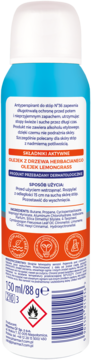 Tył niebiesko-pomarańczowego antyperspirantu do stóp w sprayu 150ml, z olejkiem herbacianym, szczegóły składu.