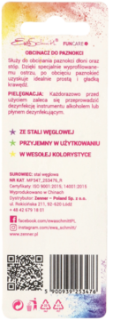 Tył opakowania obcinacza do paznokci Ewa Schmitt z stali węglowej, z kolorowym tłem.