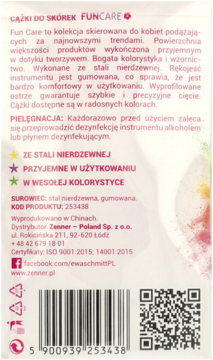 Tył opakowania cążek do skórek Fun Care z opisem produktu, kodem kreskowym i certyfikatami.