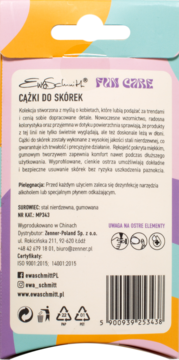 Tył opakowania Ewa Schmitt Fun Care cążków do skórek. Różowa etykieta z opisem, ostrzeżeniami i kodem kreskowym.
