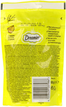 Żółta torebka Dreamies z serem 60g dla kotów, tył, z logo, kodem i info bez sztucznych aromatów.