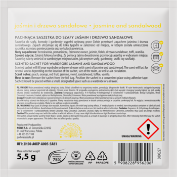 Tył białej saszetki zapachowej do szafy o aromacie jaśminu i drzewa sandałowego, z kodem kreskowym, 5.5g.