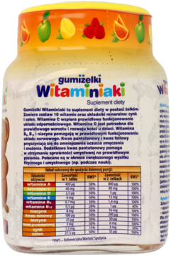 Tył słoika Gumiżelki Witaminiaki, suplementu diety, z żółtą pokrywką z owocami i białą etykietą.