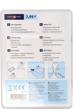 Tył opakowania latarki LED Ideen Welt z bateriami AG-13, widoczny opis i ilustracje produktu w blistrze.