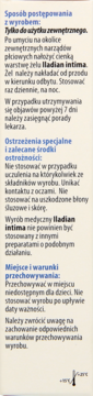 Boczne opakowanie żelu do higieny intymnej Iladian Intima z polskimi instrukcjami i ostrzeżeniami.