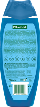 Tył niebieskiego żelu Palmolive Thermal Spa Mineral Massage, 500ml, z informacjami o naturalnych składnikach.