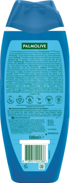 Tył niebieskiej butelki żelu Palmolive Thermal Spa Mineral Massage z opisem składników i kodem EAN.