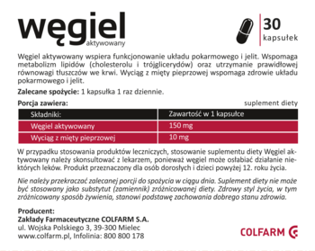 Węgiel aktywowany Colfarm suplement diety, 30 kapsułek na trawienie z miętą. Białe opakowanie, widok z przodu.