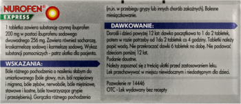 Nurofen Express 200 mg, szczegółowe zbliżenie na opakowanie z informacjami o dawkowaniu i składzie po polsku.