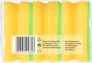 Tył opakowania 3 żółto-zielonych zmywaków profilowanych Jan Niezbędny. Widoczna etykieta ostrzega przed delikatnymi powierzchniami.