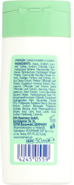 ISANA Herbal Shampoo 50ml, tył białej butelki z zieloną nakrętką i etykietą ze składnikami oraz kodem kreskowym.