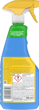 Tył niebieskiej butelki sprayu Pronto 5w1 do różnych powierzchni, z etykietą 99% Natural i ostrzeżeniem.