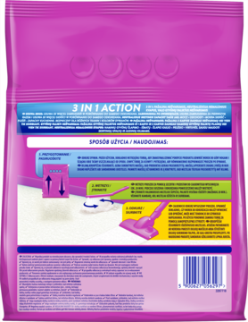 Vanish Oxi Action, tył opakowania różowego proszku do dywanów z instrukcją użycia i kodem kreskowym.