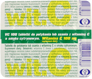 Polski Lek Witamina C 100 mg, tył zielono-białego opakowania z tekstem o dawkowaniu suplementu.