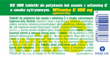 Tył zielono-białego opakowania Polski Lek Witamina C 100 mg, suplementu diety o smaku cytrynowym, z kodem kreskowym.