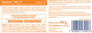 Tył opakowania suplementu diety Calcium + Wit. C o smaku pomarańczowym, widoczny kod kreskowy i masa 80g.