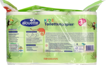 Tył opakowania Alouette Kids papier toaletowy, zielone tło z dżunglowymi zwierzętami. Miękki i wytrzymały.