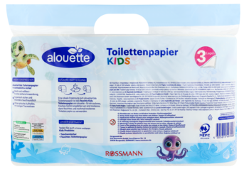 Tył opakowania Alouette Toilettenpapier KIDS 3-warstwowe. Biało-niebieska folia z żółwiem i ośmiornicą, widoczne informacje.